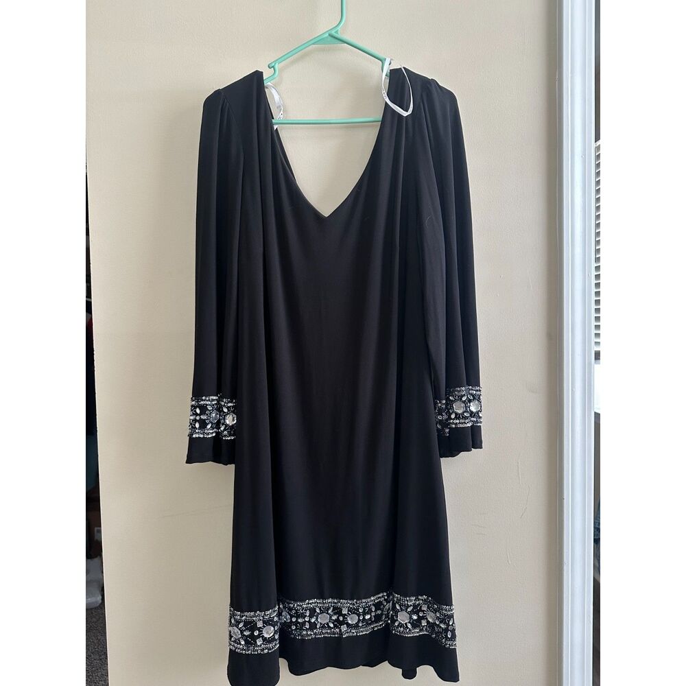 Oleg Cassini Black Embellished V-Neck Dress Plus Size 22 Jeweled Cuff Hem